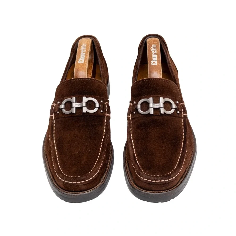 $849.00! Salvatore Ferragamo Gancini Logo Suede Loafers Brown Men's US 8.5 D